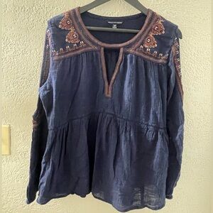 AEO Women’s Embroidered Navy Blue Open Long Sleeve Top Size XL